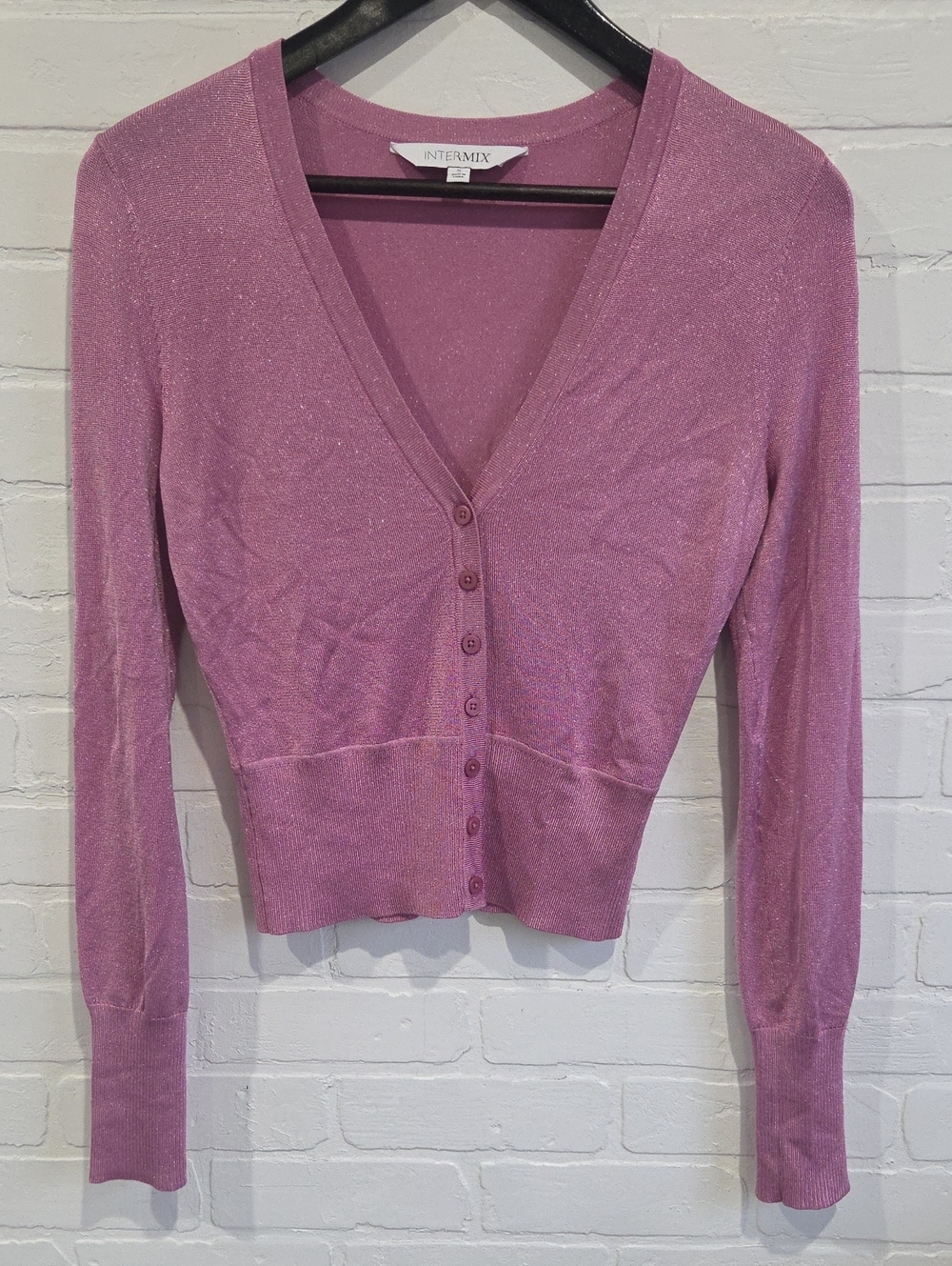 INTERMIX Pink Shimmery V-Neck Button Cardigan